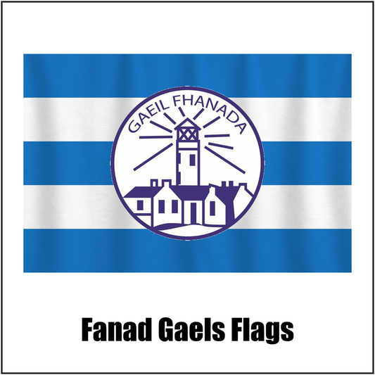 Fanad Gaels Flags, featuring the club crest and blue and white colours; County Donegal GAA. ClubFlags.ie.