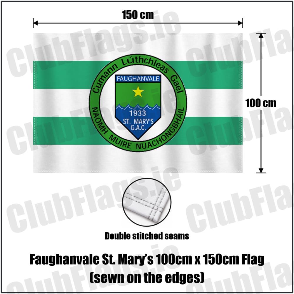 Faughanvale St. Mary’s 100cm x 150cm Flag (sewn on the edges) in white and green, featuring the club crest on realistic fabric with gentle vertical folds; County Derry GAA. ClubFlags.ie.