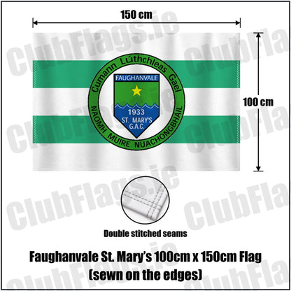 Faughanvale St. Mary’s 100cm x 150cm Flag (sewn on the edges) in white and green, featuring the club crest on realistic fabric with gentle vertical folds; County Derry GAA. ClubFlags.ie.