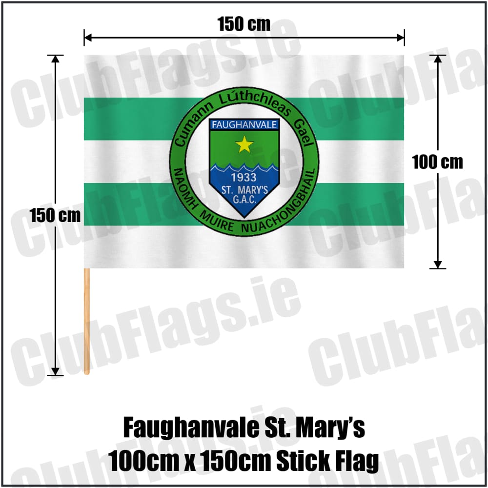 Faughanvale St. Mary’s 100cm x 150cm Stick Flag in white and green, featuring the club crest on realistic fabric with gentle vertical folds; County Derry GAA. ClubFlags.ie.