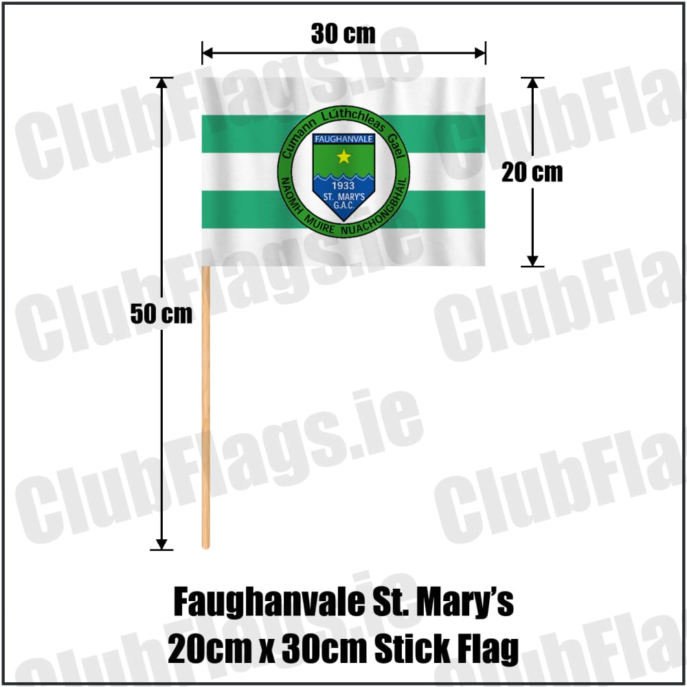 Faughanvale St. Mary’s 20cm x 30cm Stick Flag in white and green, featuring the club crest on realistic fabric with gentle vertical folds; County Derry GAA. ClubFlags.ie.