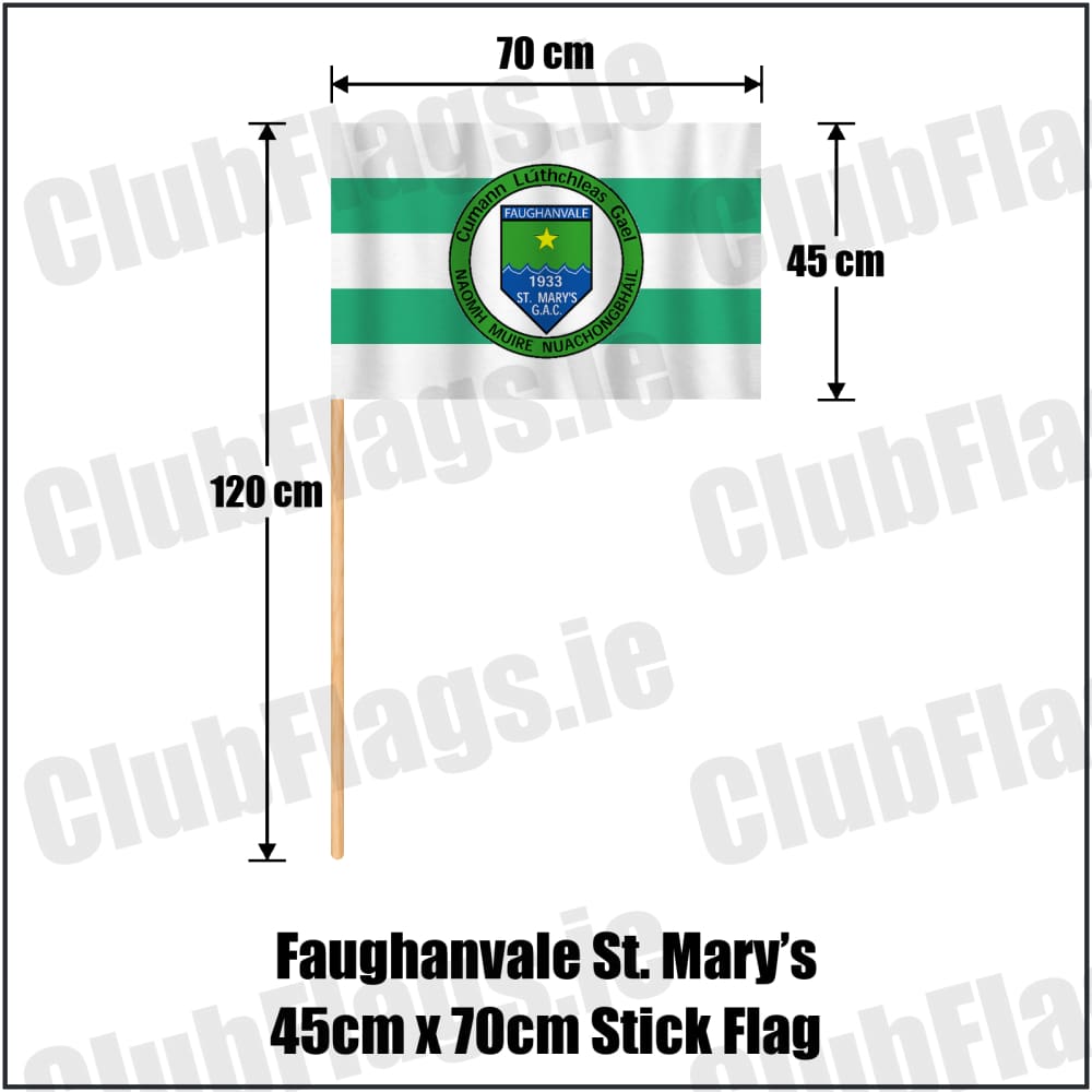 Faughanvale St. Mary’s 45cm x 70cm Stick Flag in white and green, featuring the club crest on realistic fabric with gentle vertical folds; County Derry GAA. ClubFlags.ie.