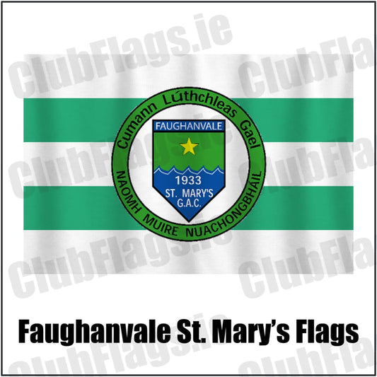 Faughanvale St. Mary’s Flags in white and green, featuring the club crest on realistic fabric with gentle vertical folds; County Derry GAA. ClubFlags.ie.