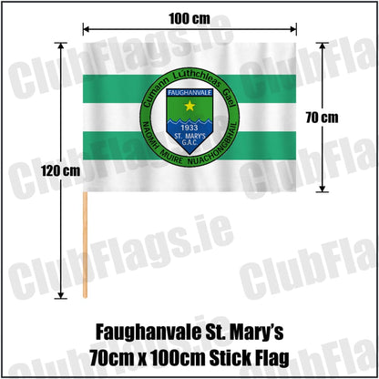 Faughanvale St. Mary’s 70cm x 100cm Stick Flag in white and green, featuring the club crest on realistic fabric with gentle vertical folds; County Derry GAA. ClubFlags.ie.