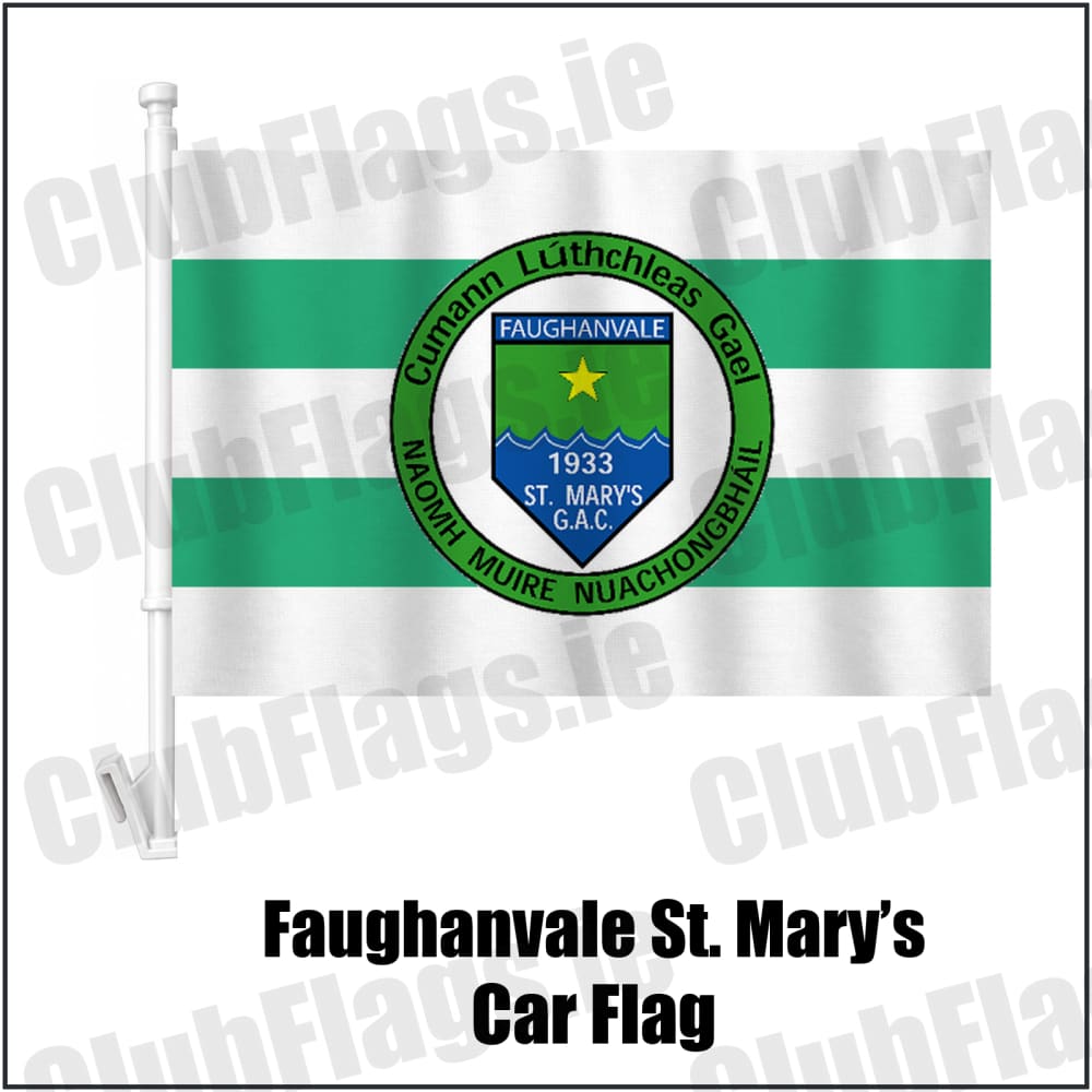 Faughanvale St. Mary’s Car Flag in white and green, featuring the club crest on realistic fabric with gentle vertical folds; County Derry GAA. ClubFlags.ie.