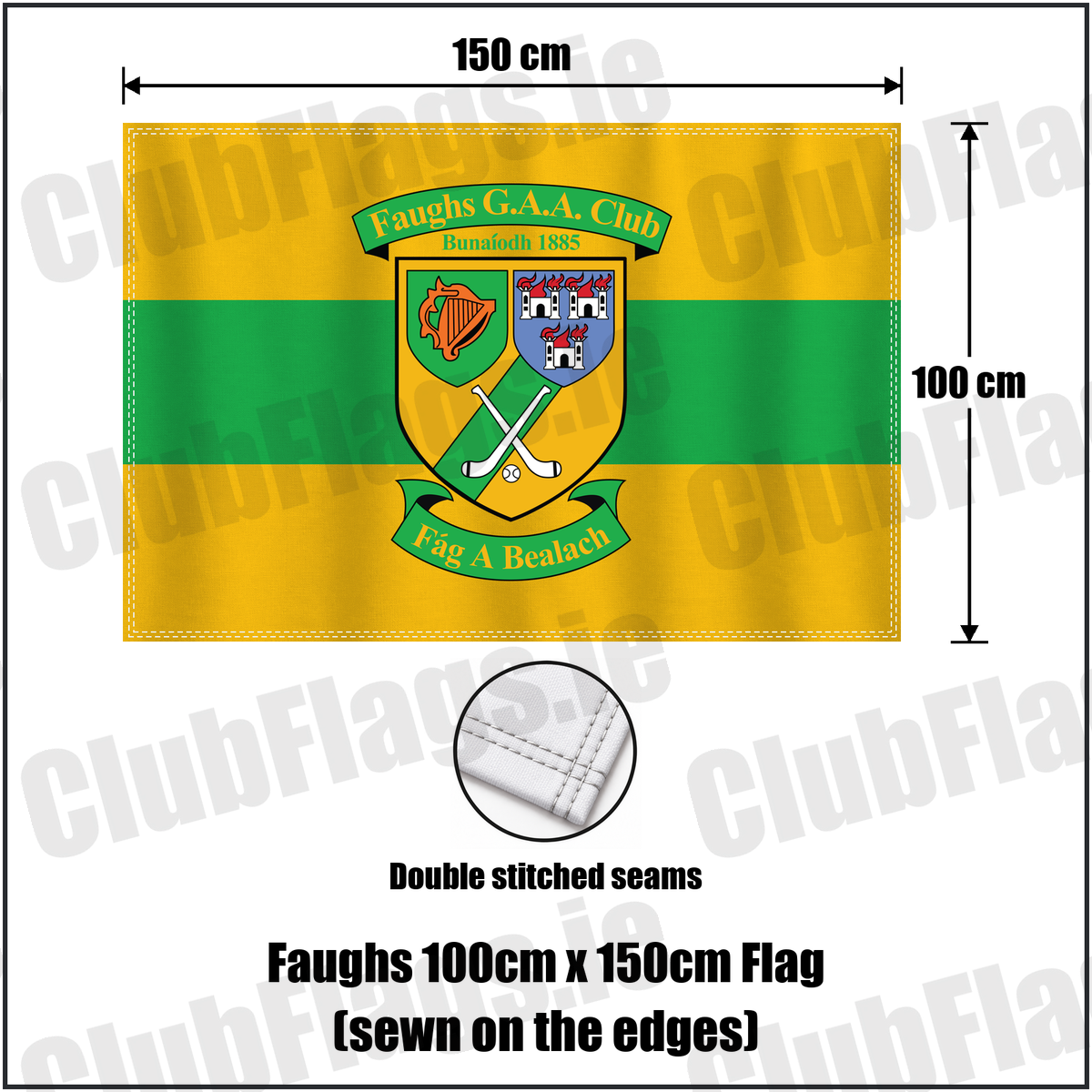 Faughs 100cm x 150cm Flag (sewn on the edges), featuring the club crest and gold and green colours; County Dublin GAA. ClubFlags.ie.