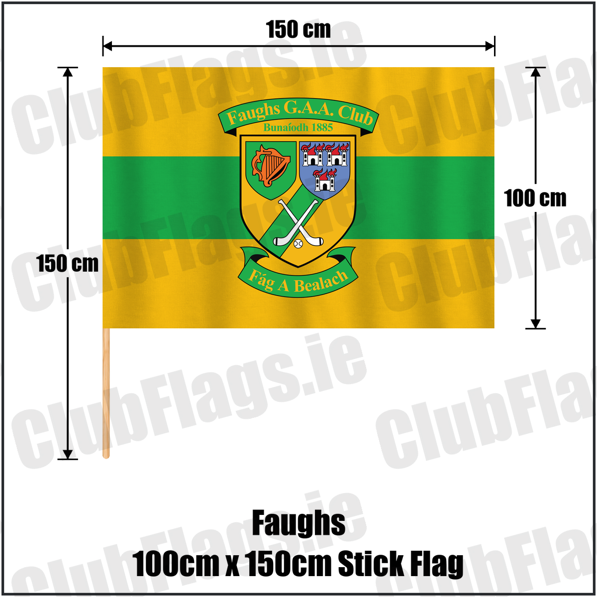 Faughs 100cm x 150cm Stick Flag, featuring the club crest and gold and green colours; County Dublin GAA. ClubFlags.ie.