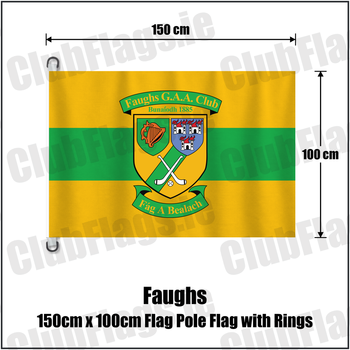 Faughs 150cm x 100cm Flag Pole Flag with Rings, featuring the club crest and gold and green colours; County Dublin GAA. ClubFlags.ie.