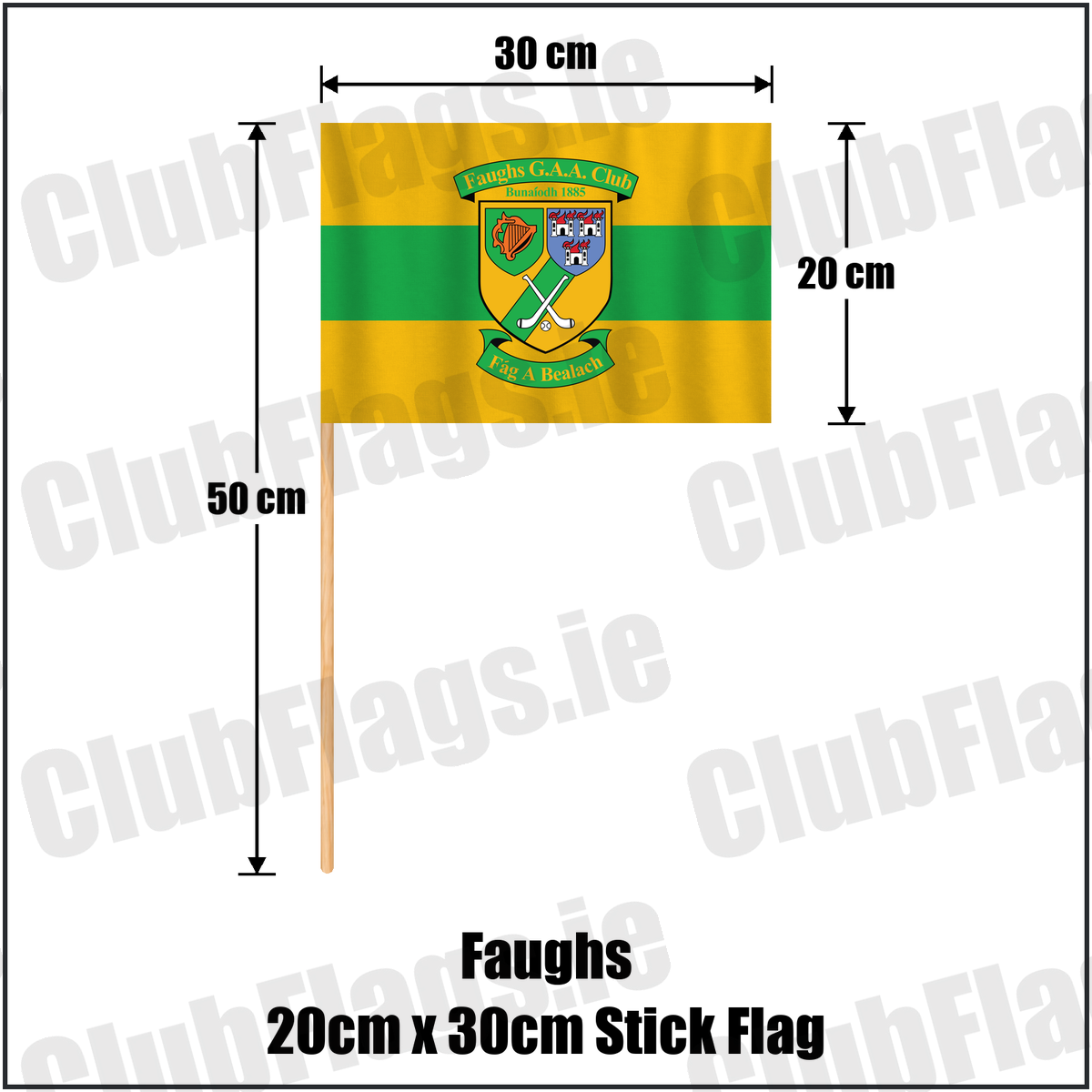 Faughs 20cm x 30cm Stick Flag, featuring the club crest and gold and green colours; County Dublin GAA. ClubFlags.ie.