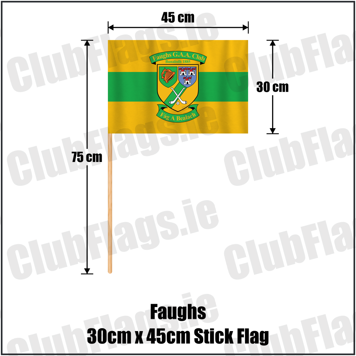 Faughs 30cm x 45cm Stick Flag, featuring the club crest and gold and green colours; County Dublin GAA. ClubFlags.ie.