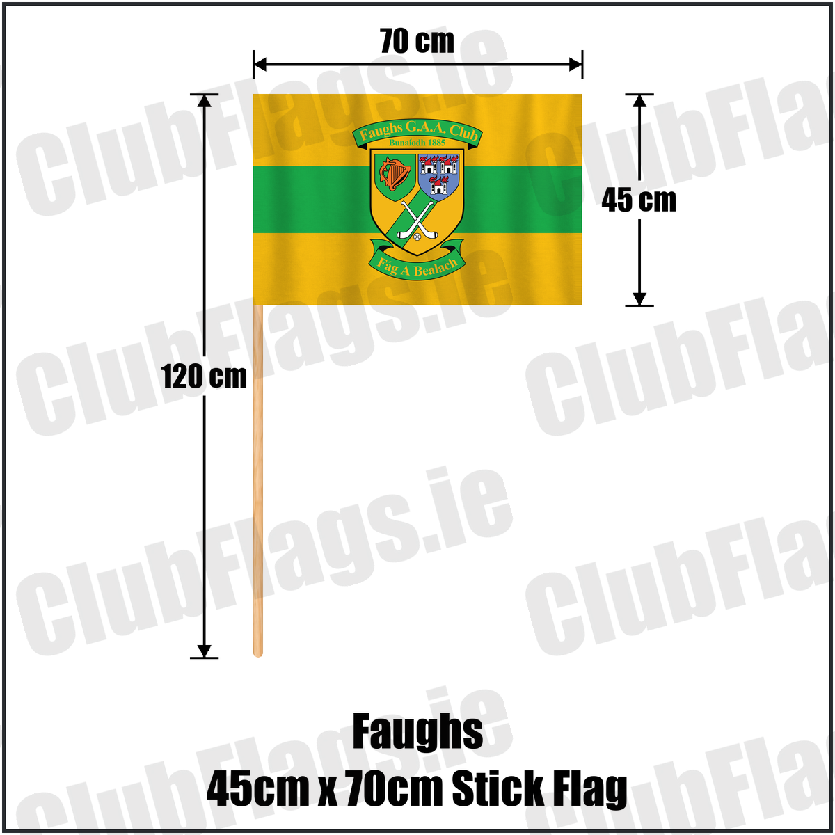 Faughs 45cm x 70cm Stick Flag, featuring the club crest and gold and green colours; County Dublin GAA. ClubFlags.ie.