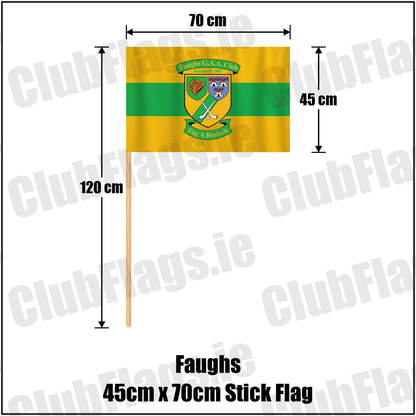 Faughs 45cm x 70cm Stick Flag, featuring the club crest and gold and green colours; County Dublin GAA. ClubFlags.ie.