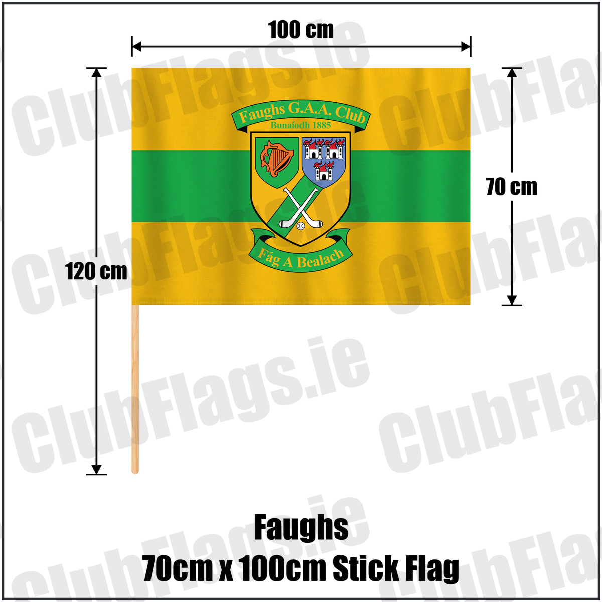 Faughs 70cm x 100cm Stick Flag, featuring the club crest and gold and green colours; County Dublin GAA. ClubFlags.ie.