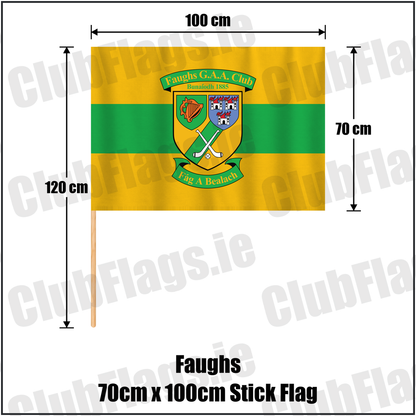 Faughs 70cm x 100cm Stick Flag, featuring the club crest and gold and green colours; County Dublin GAA. ClubFlags.ie.
