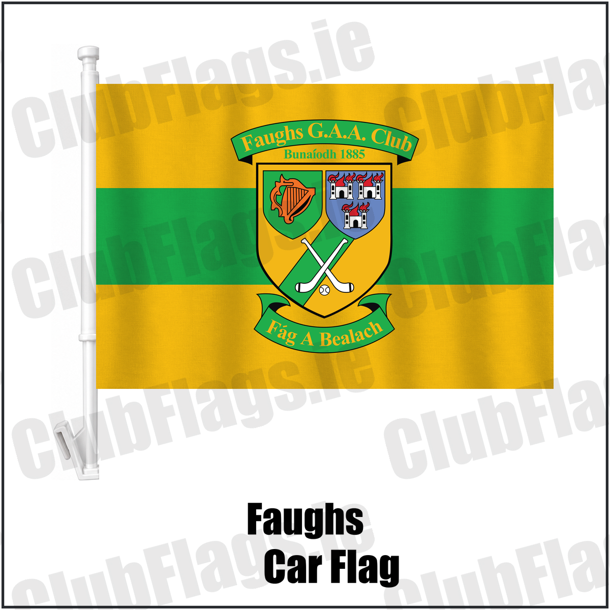 Faughs Car Flag, featuring the club crest and gold and green colours; County Dublin GAA. ClubFlags.ie.