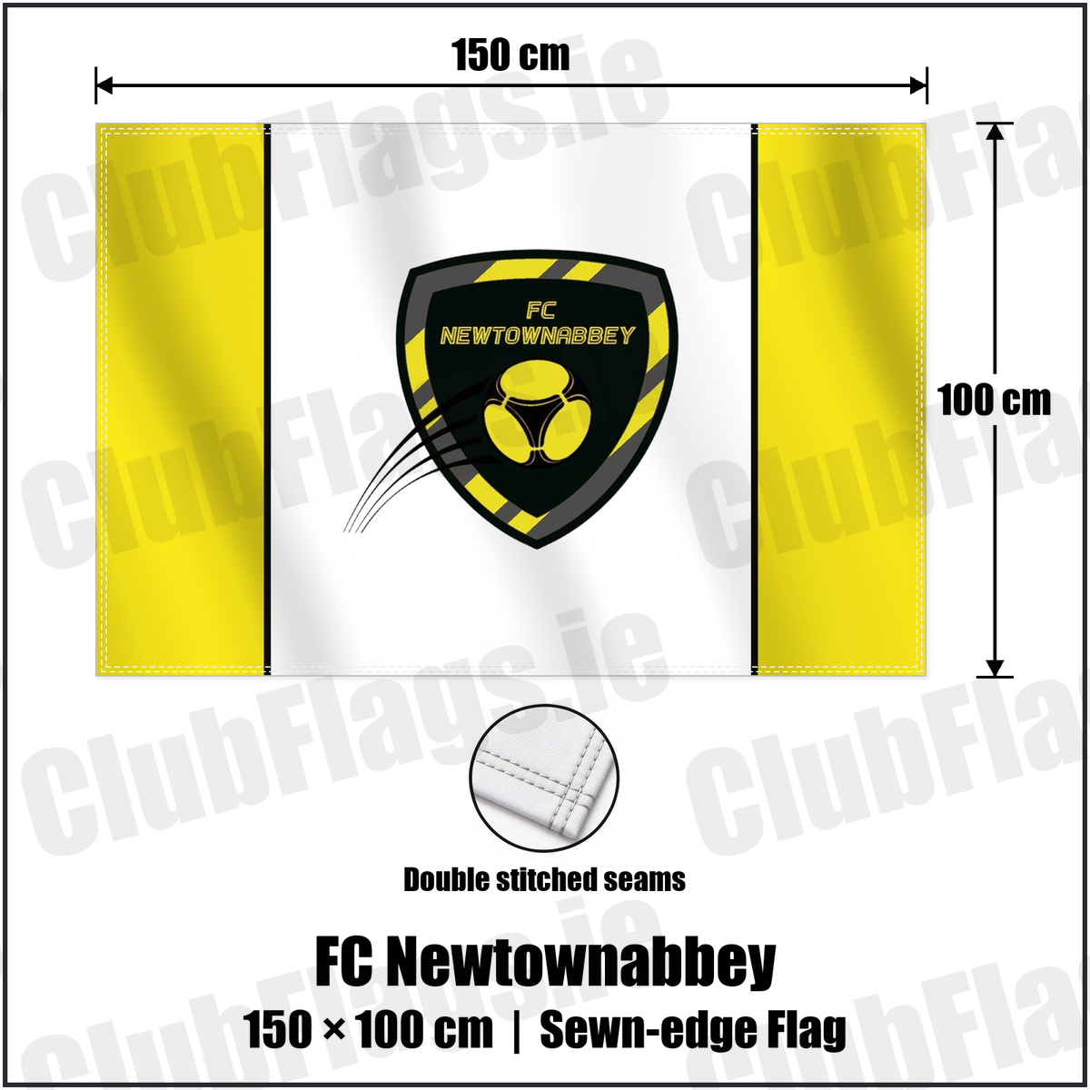 FC Newtownabbey 100cm x 150cm Flag (sewn on the edges) with the club crest and colours, Antrim Football - ClubFlags.ie