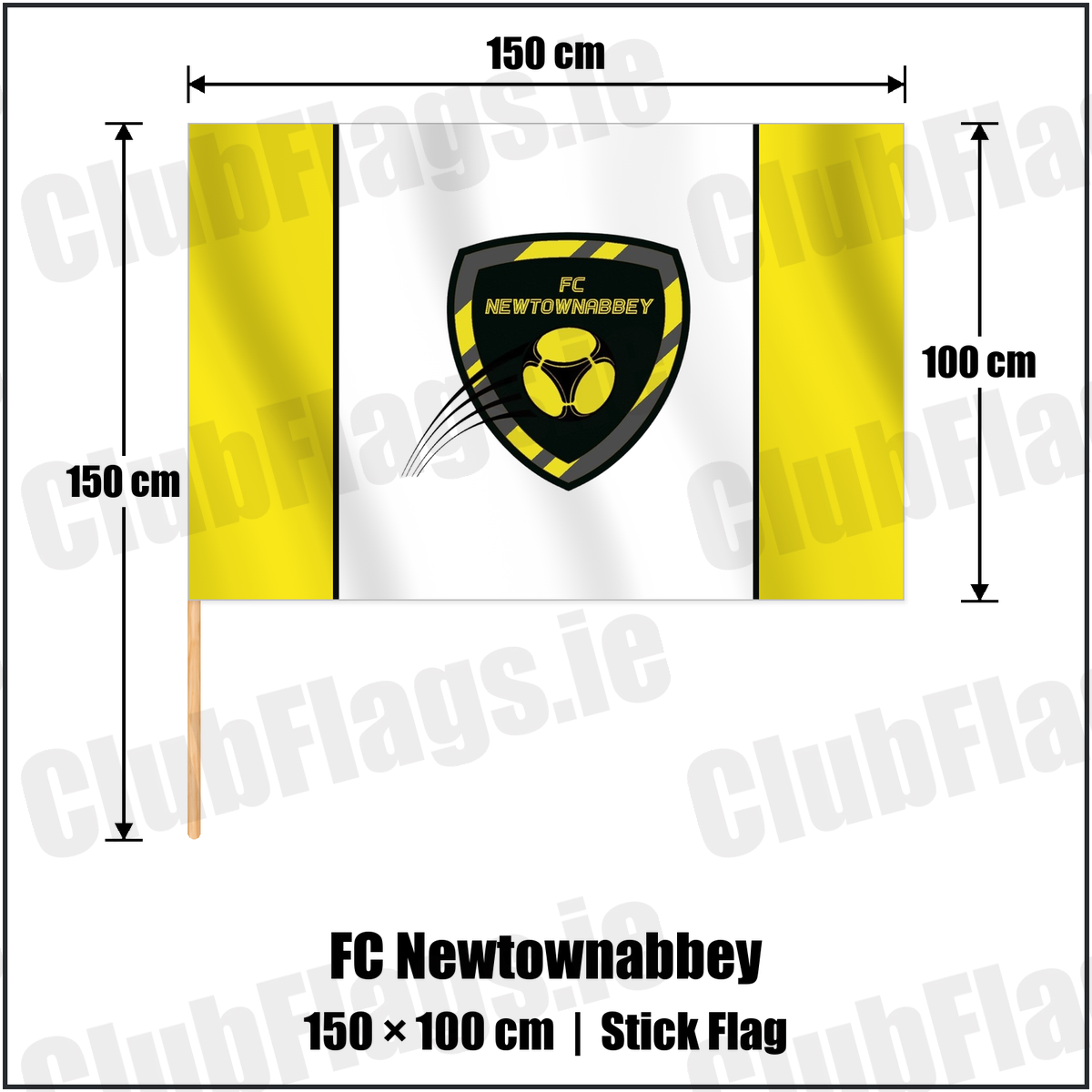 FC Newtownabbey 100cm x 150cm Stick Flag with the club crest and colours, Antrim Football - ClubFlags.ie