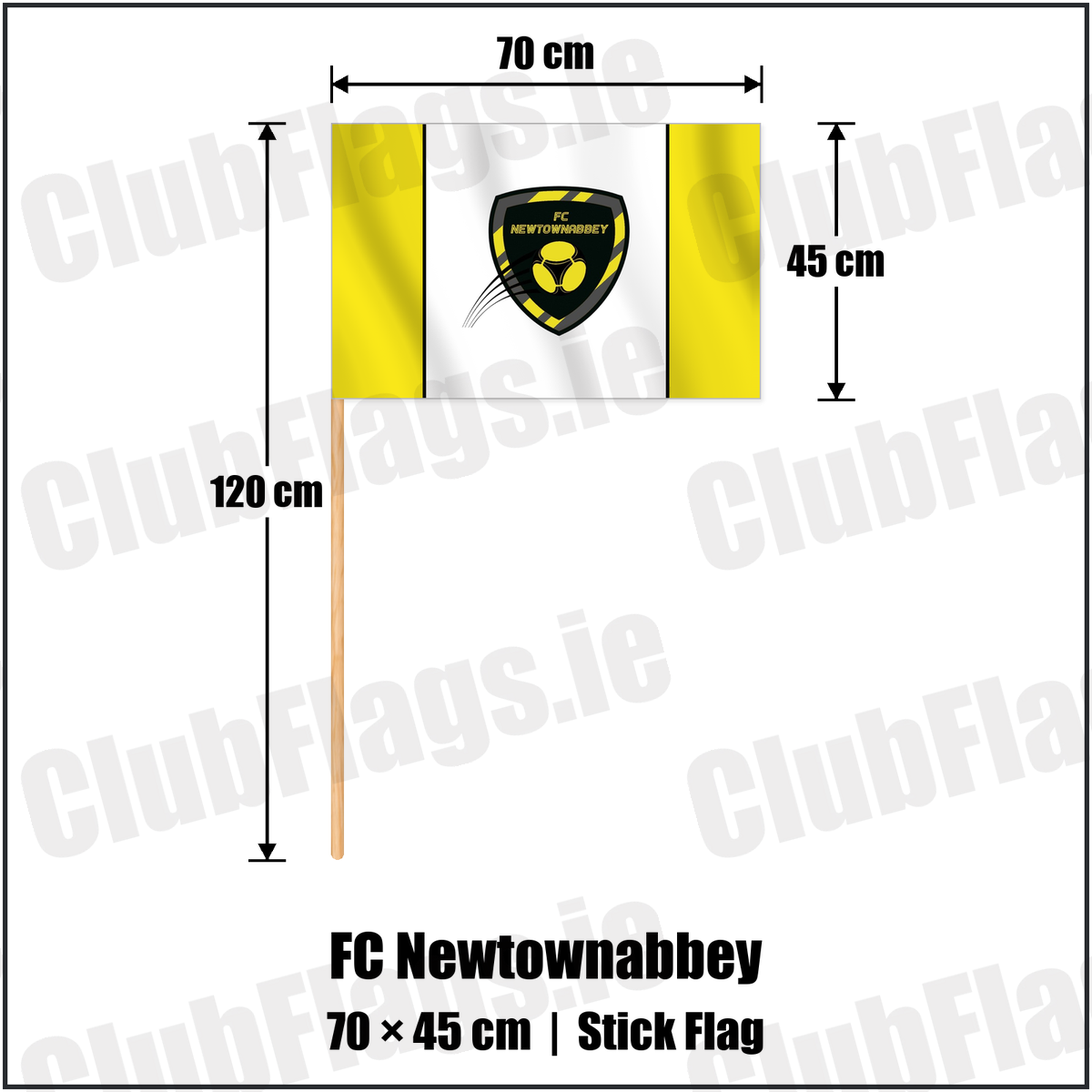 FC Newtownabbey 45cm x 70cm Stick Flag with the club crest and colours, Antrim Football - ClubFlags.ie
