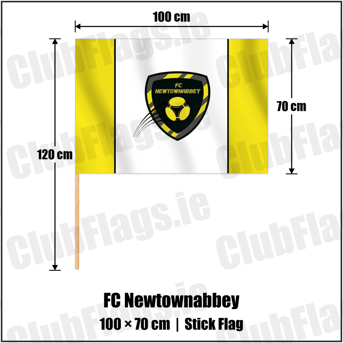 FC Newtownabbey 70cm x 100cm Stick Flag with the club crest and colours, Antrim Football - ClubFlags.ie