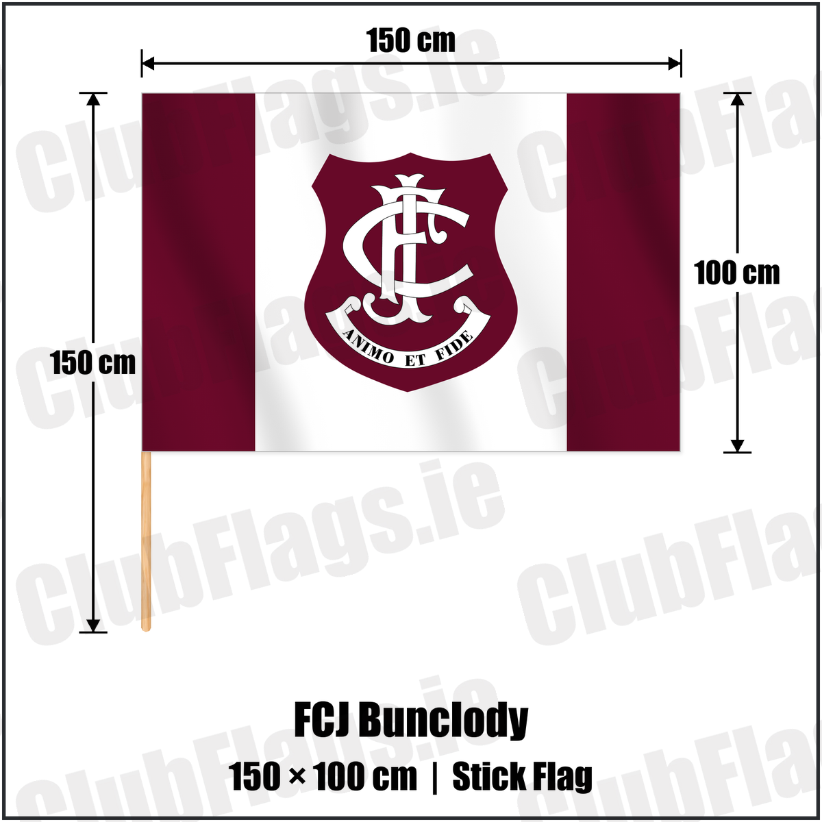 FCJ Bunclody 100cm x 150cm Stick Flag with the club crest and colours, Wexford GAA - ClubFlags.ie