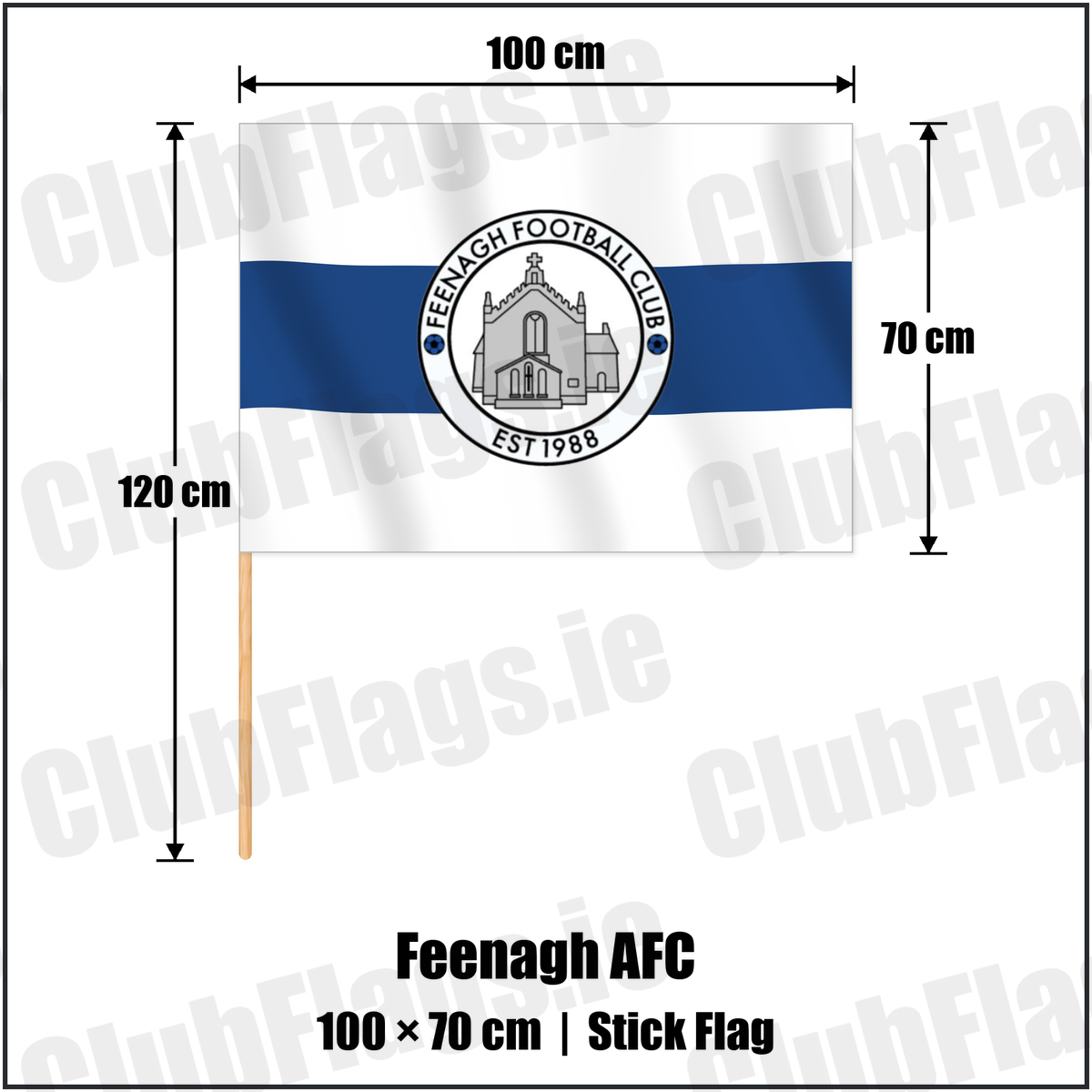 Feenagh AFC 70cm x 100cm Stick Flag with the club crest and colours, Limerick Football - ClubFlags.ie