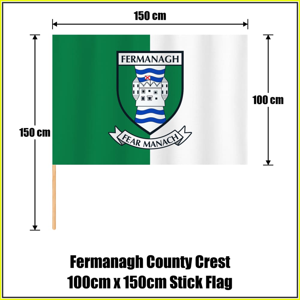 Fermanagh county crest 100 × 150 cm stick flag in green and white, with a 150 cm wooden stick and dimension arrows.