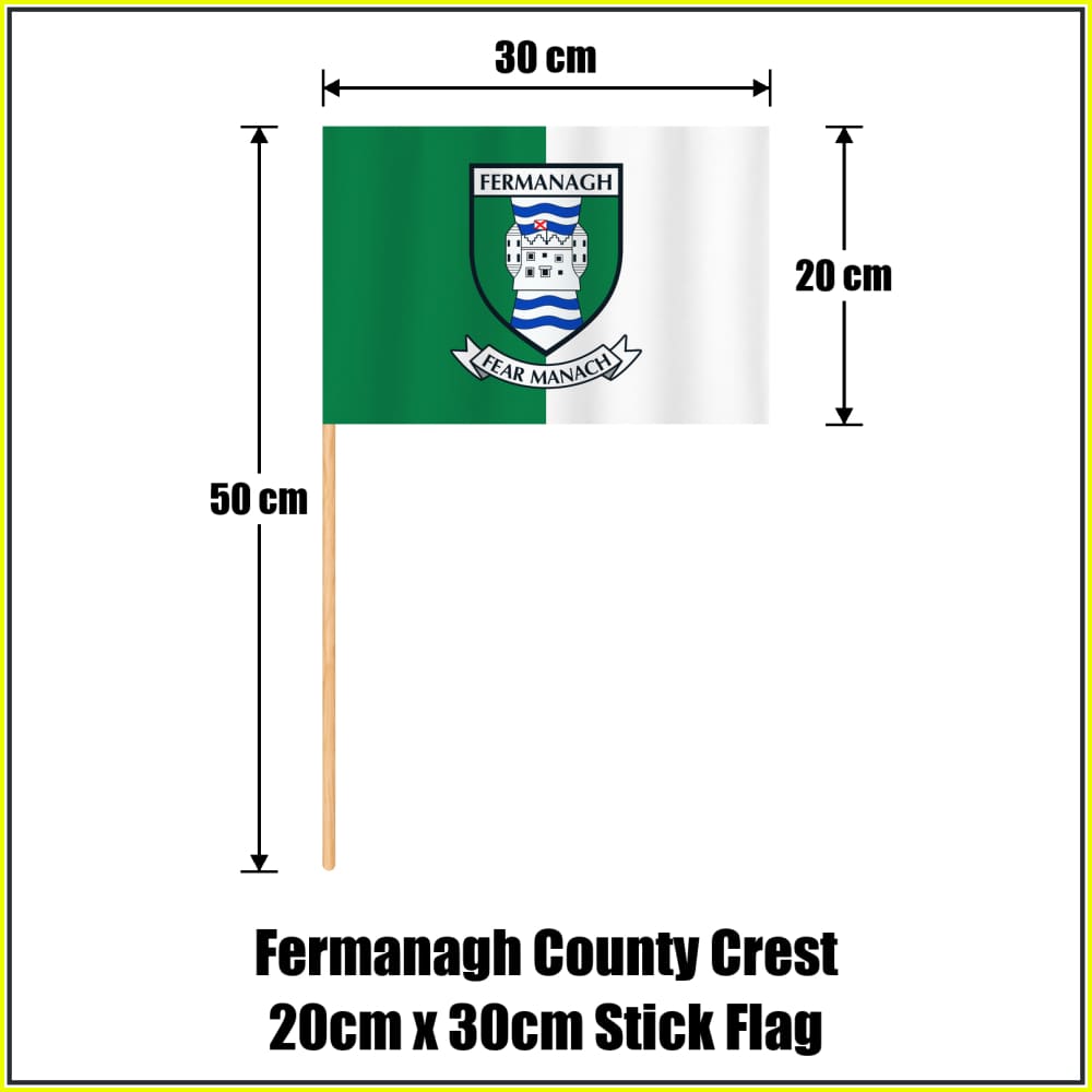 Fermanagh county crest 20 × 30 cm stick flag in green and white, with a 50 cm wooden stick and dimension arrows.