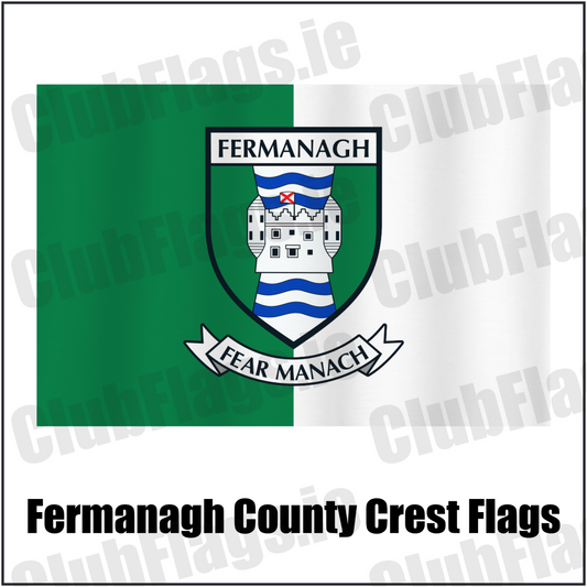 Fermanagh county crest flag in green and white, with county name and crest.