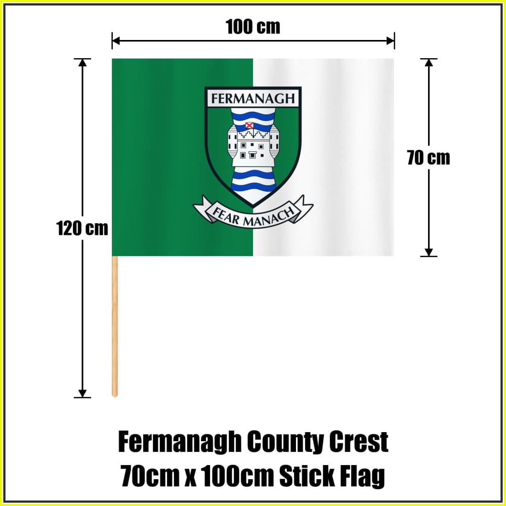 Fermanagh county crest 70 × 100 cm stick flag in green and white, with a 120 cm wooden stick and dimension arrows.