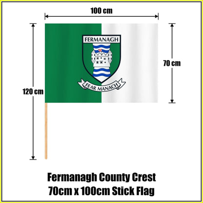 Fermanagh county crest 70 × 100 cm stick flag in green and white, with a 120 cm wooden stick and dimension arrows.