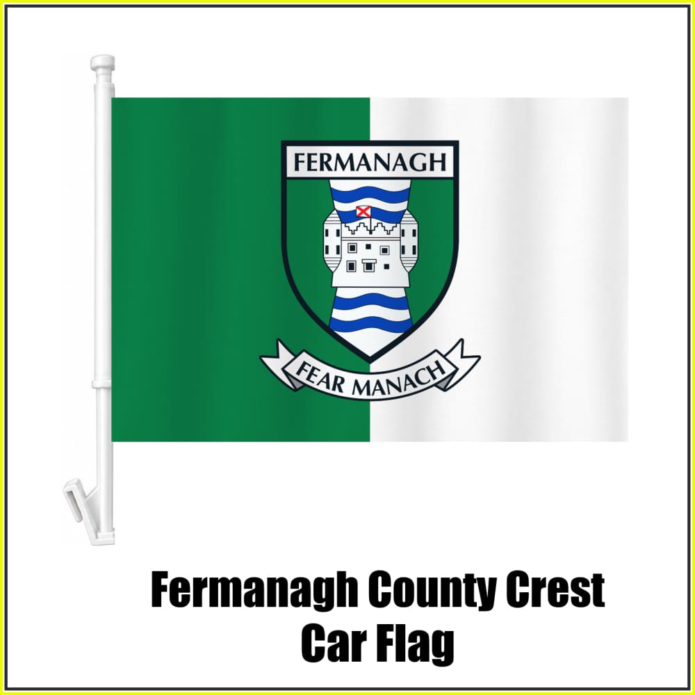 Fermanagh county crest car flag in green and white, on a white plastic window mount.
