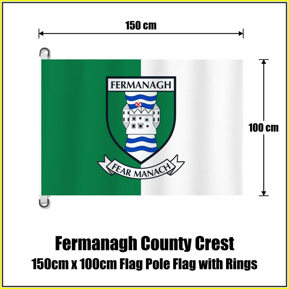Fermanagh county crest flag, 150 cm wide × 100 cm high, in green and white, with two dark attachment rings on white tabs and no pole.