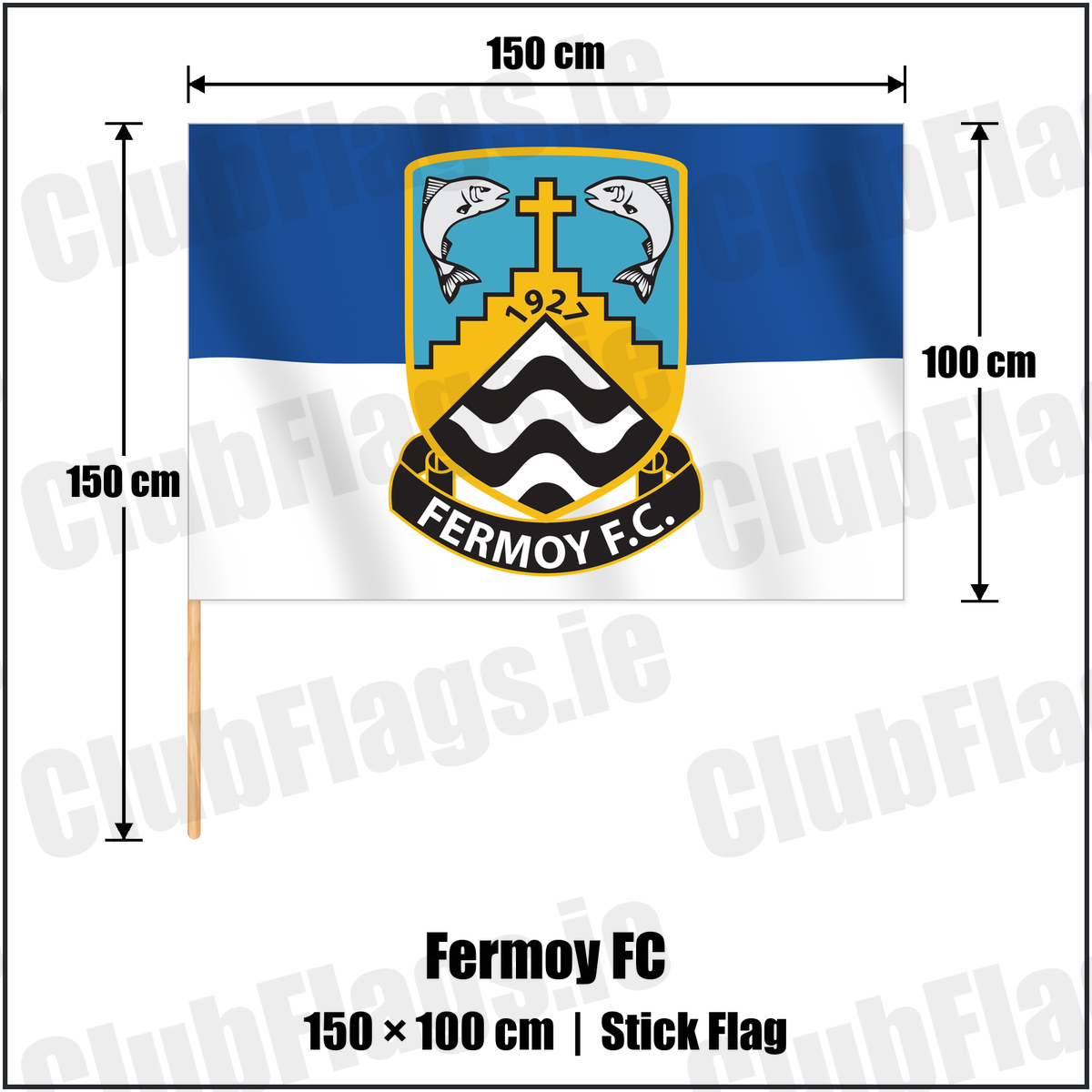 Fermoy FC 100cm x 150cm Stick Flag with the verified club crest and colours, Cork Football - ClubFlags.ie