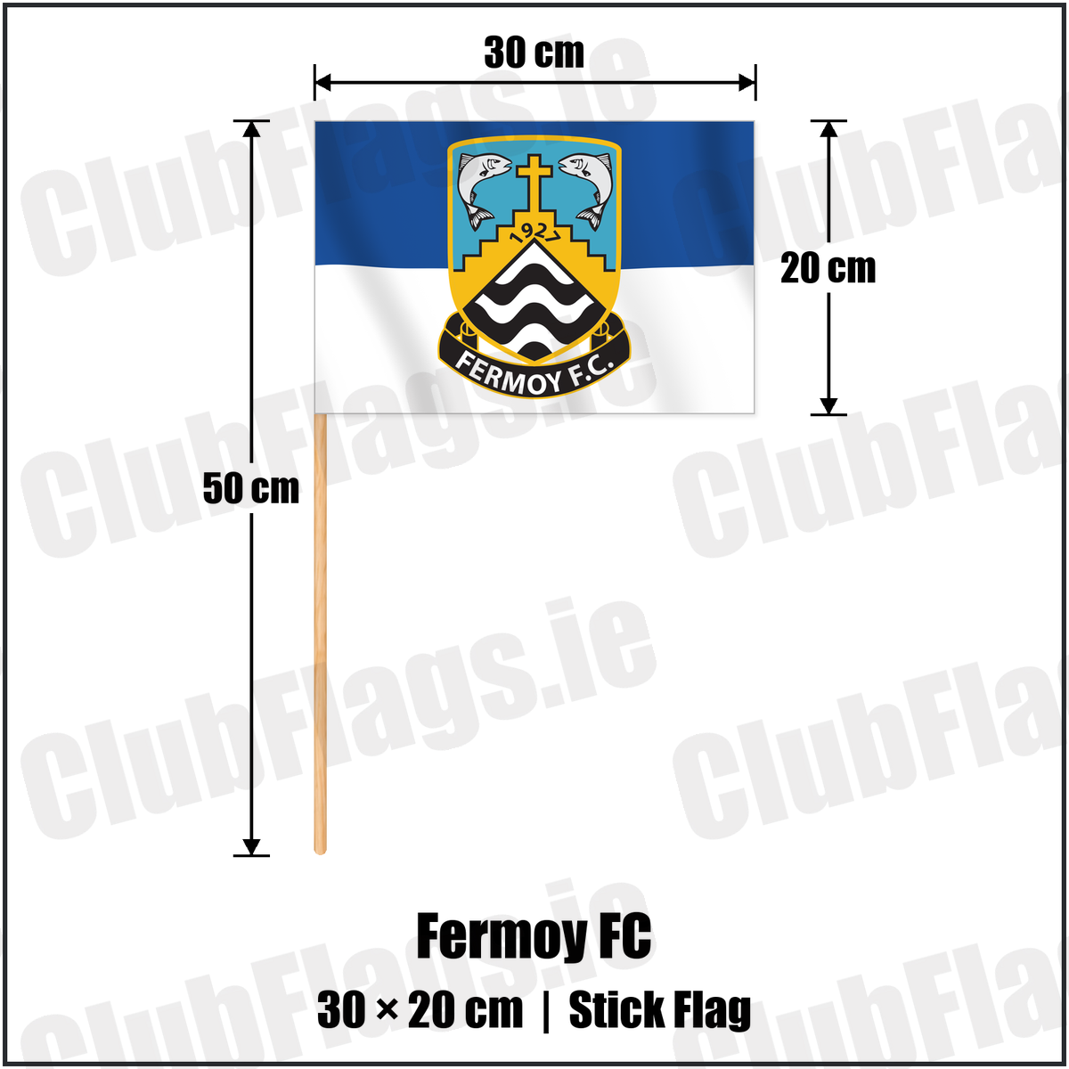 Fermoy FC 20cm x 30cm Stick Flag with the verified club crest and colours, Cork Football - ClubFlags.ie