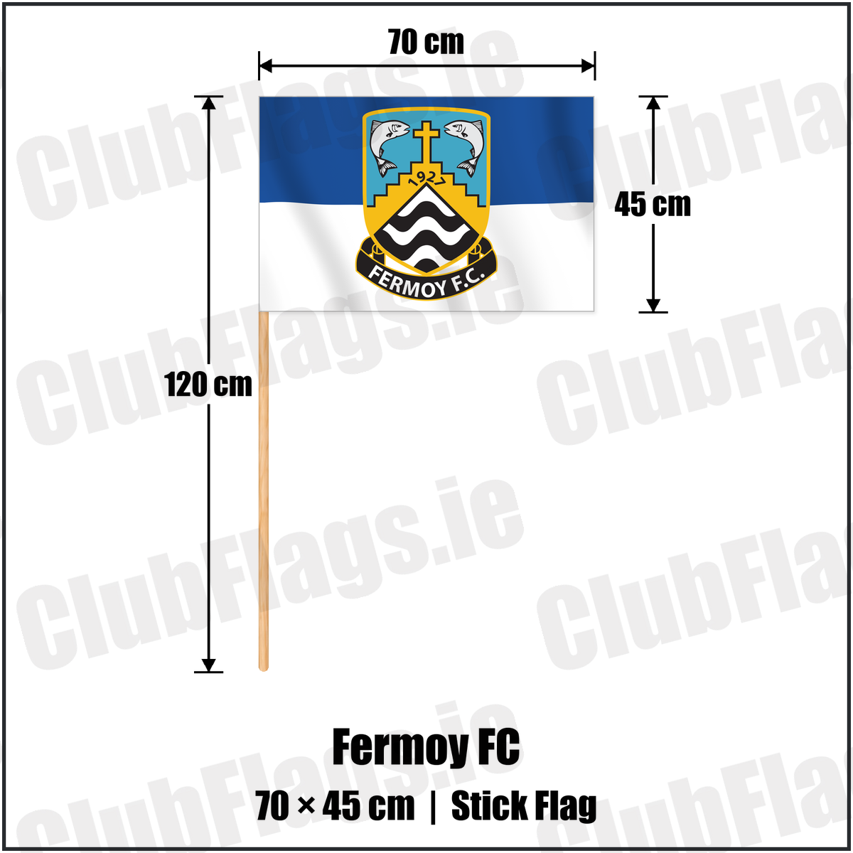 Fermoy FC 45cm x 70cm Stick Flag with the verified club crest and colours, Cork Football - ClubFlags.ie