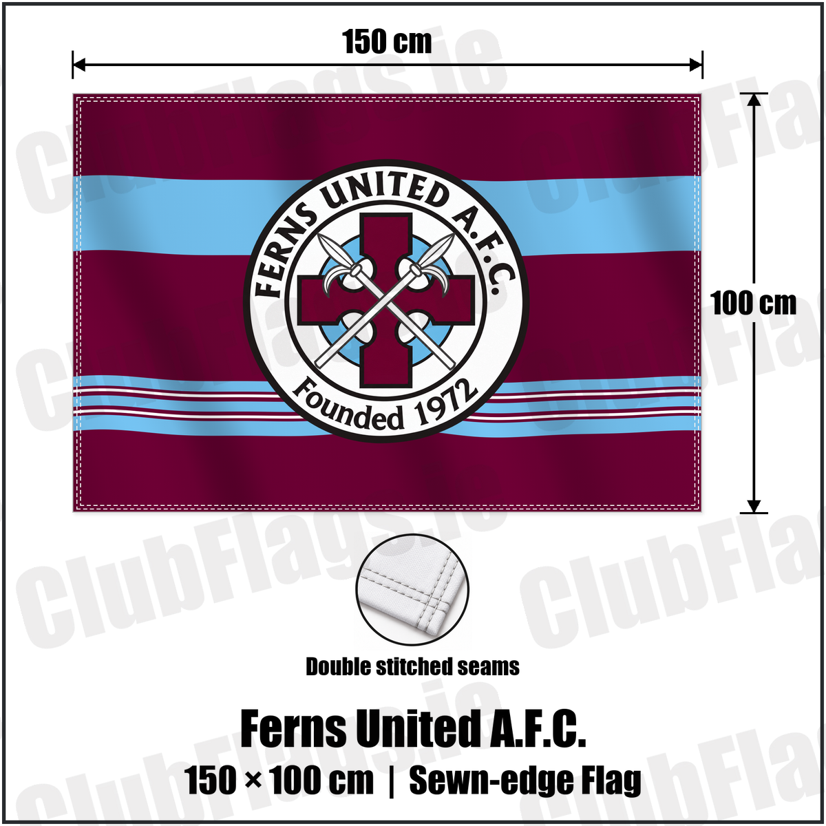 Ferns United A.F.C. 100cm x 150cm Flag (sewn on the edges) with the club crest and colours, Wexford Football - ClubFlags.ie