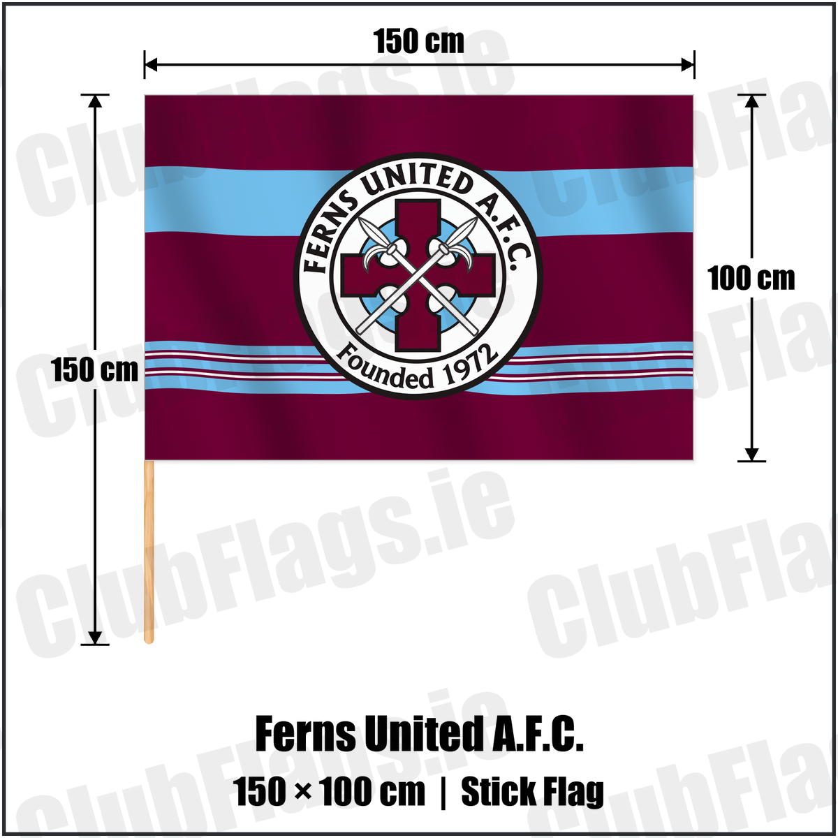 Ferns United A.F.C. 100cm x 150cm Stick Flag with the club crest and colours, Wexford Football - ClubFlags.ie