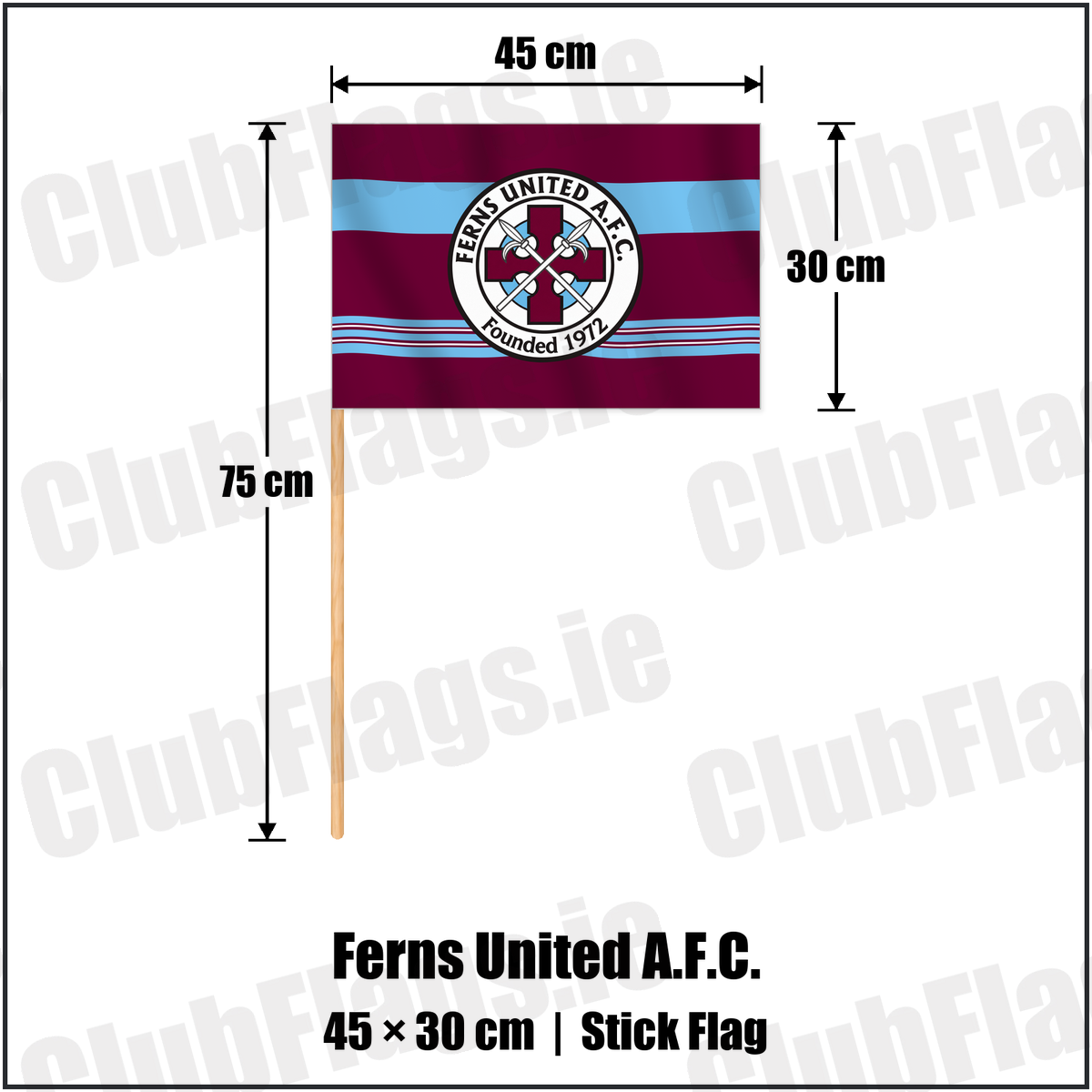 Ferns United A.F.C. 30cm x 45cm Stick Flag with the club crest and colours, Wexford Football - ClubFlags.ie