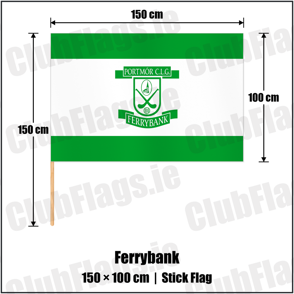 Ferrybank 100cm x 150cm Stick Flag with the club crest and colours, Waterford GAA - ClubFlags.ie