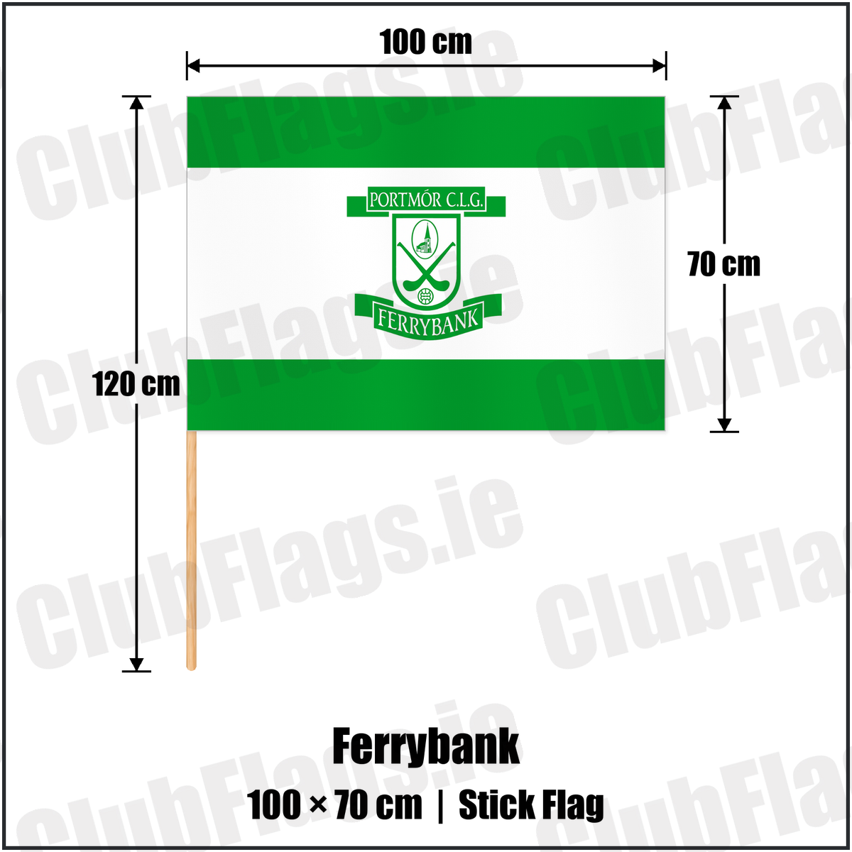 Ferrybank 70cm x 100cm Stick Flag with the club crest and colours, Waterford GAA - ClubFlags.ie