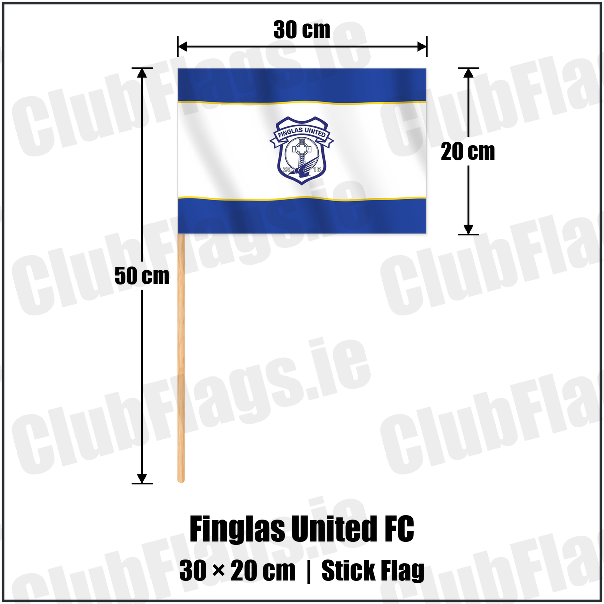 Finglas United FC 20cm x 30cm Stick Flag with the club crest and colours, Dublin Football - ClubFlags.ie