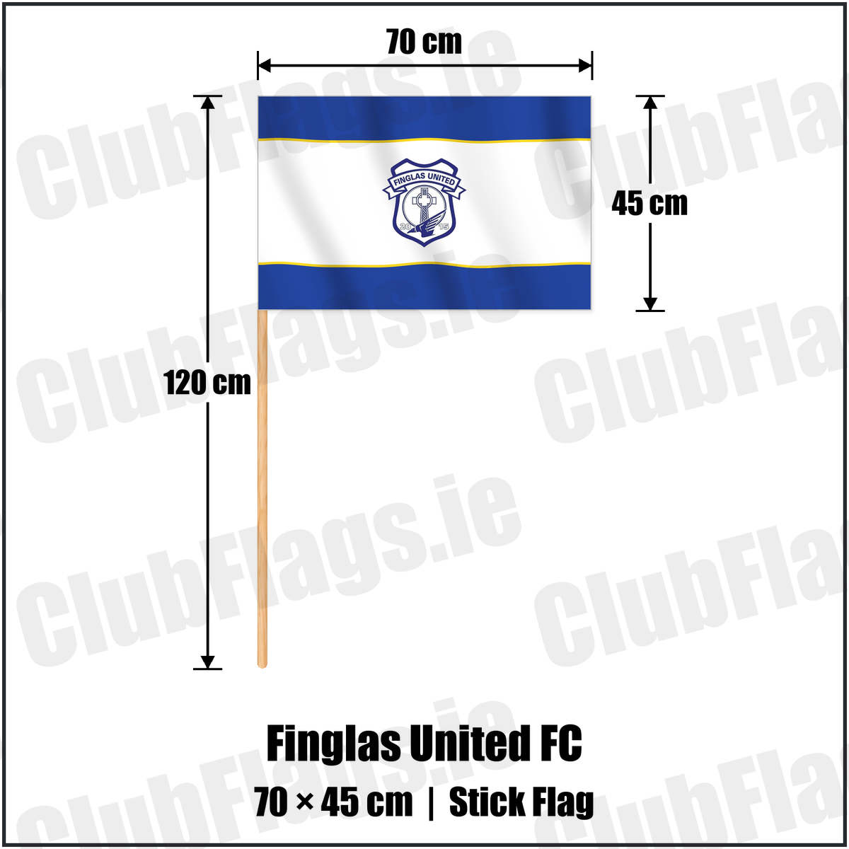 Finglas United FC 45cm x 70cm Stick Flag with the club crest and colours, Dublin Football - ClubFlags.ie