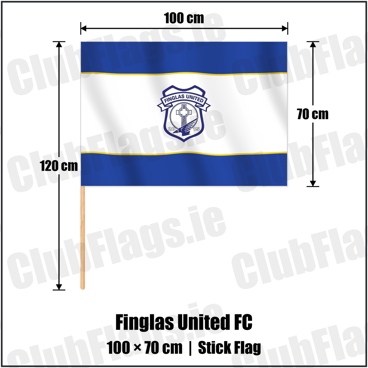 Finglas United FC 70cm x 100cm Stick Flag with the club crest and colours, Dublin Football - ClubFlags.ie