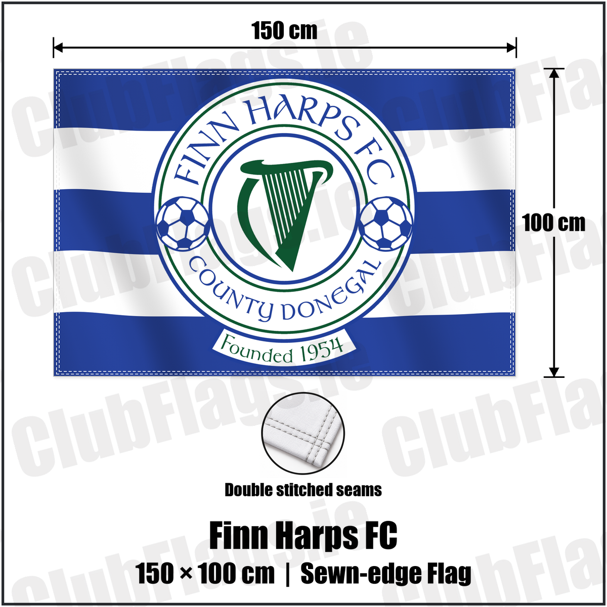 Finn Harps FC 100cm x 150cm Flag (sewn on the edges) with the club crest and colours, Donegal Football - ClubFlags.ie