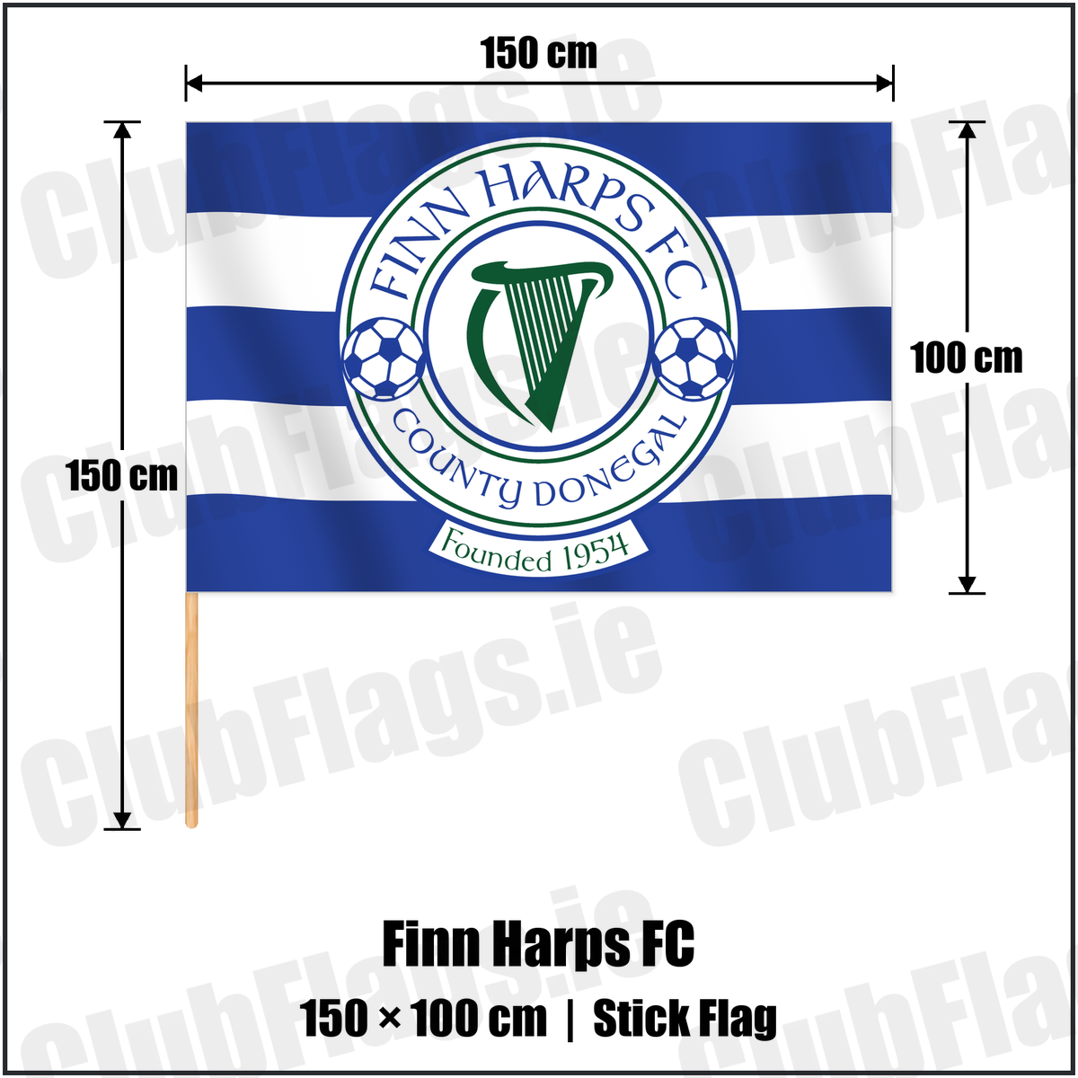 Finn Harps FC 100cm x 150cm Stick Flag with the club crest and colours, Donegal Football - ClubFlags.ie
