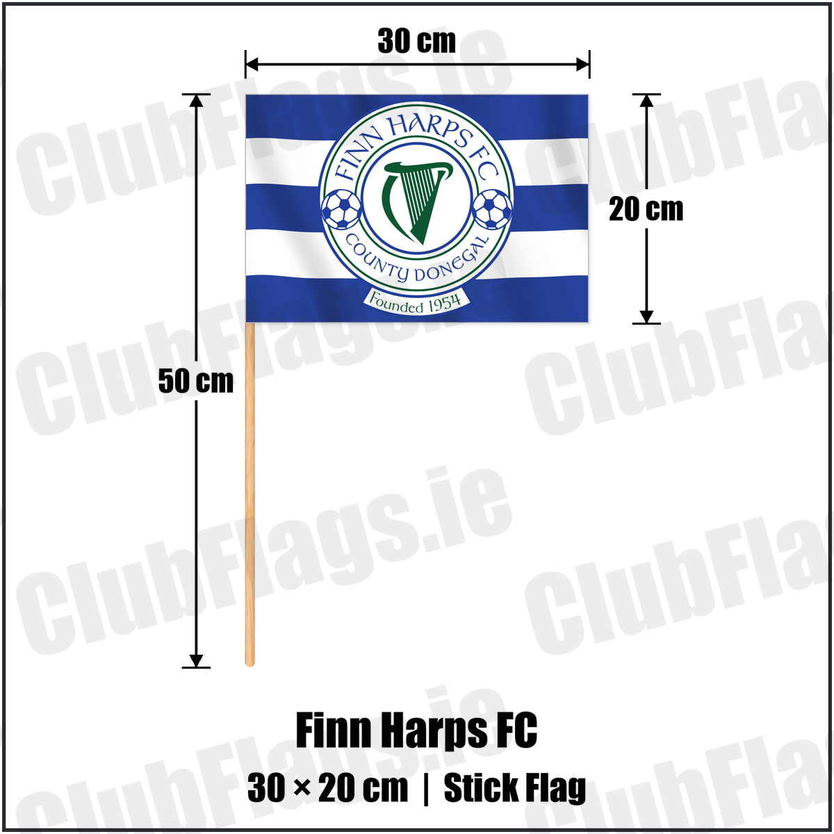 Finn Harps FC 20cm x 30cm Stick Flag with the club crest and colours, Donegal Football - ClubFlags.ie