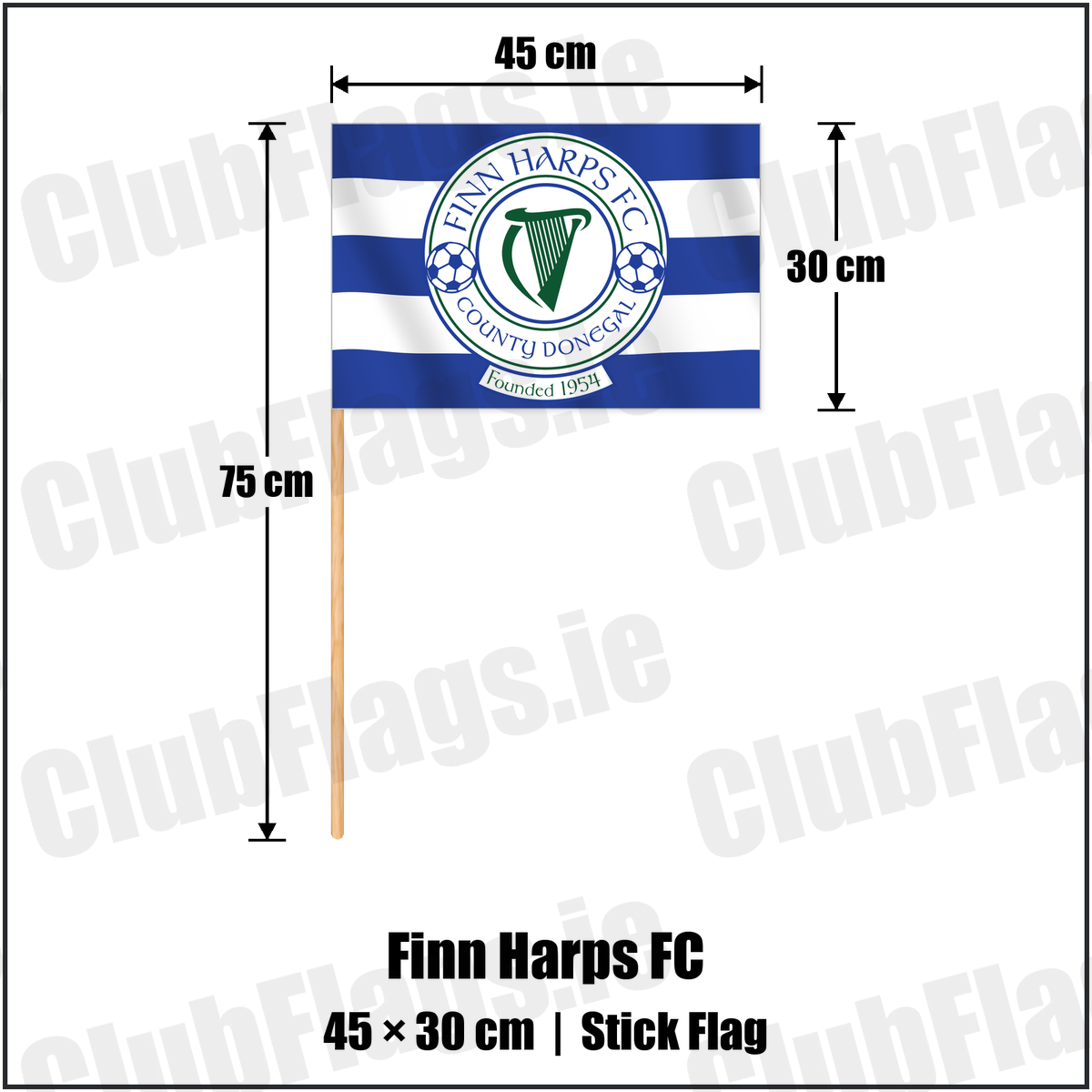 Finn Harps FC 30cm x 45cm Stick Flag with the club crest and colours, Donegal Football - ClubFlags.ie