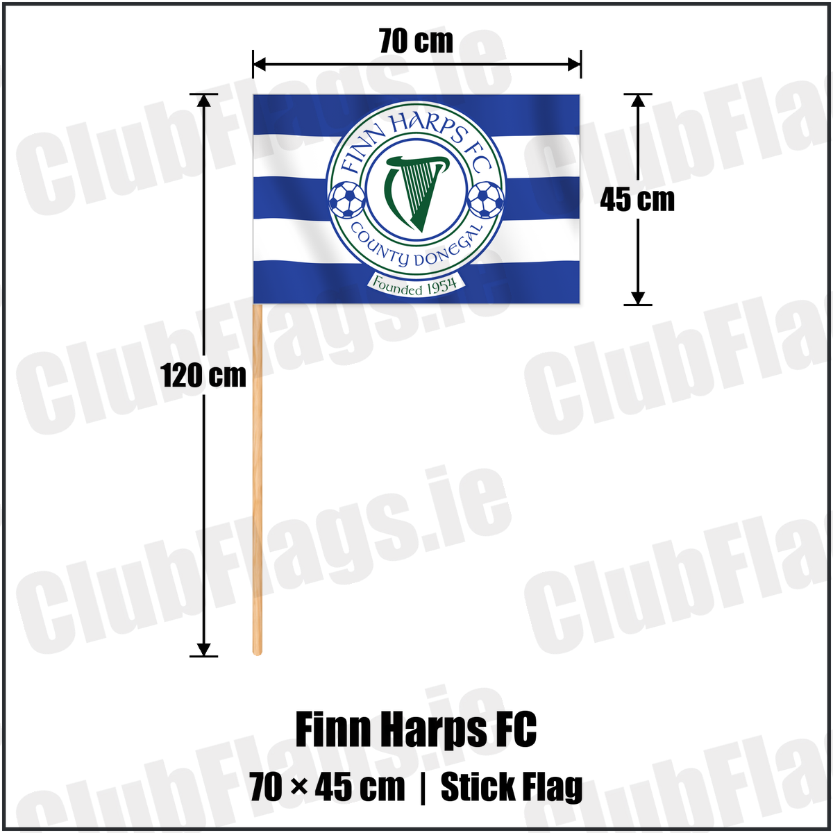 Finn Harps FC 45cm x 70cm Stick Flag with the club crest and colours, Donegal Football - ClubFlags.ie