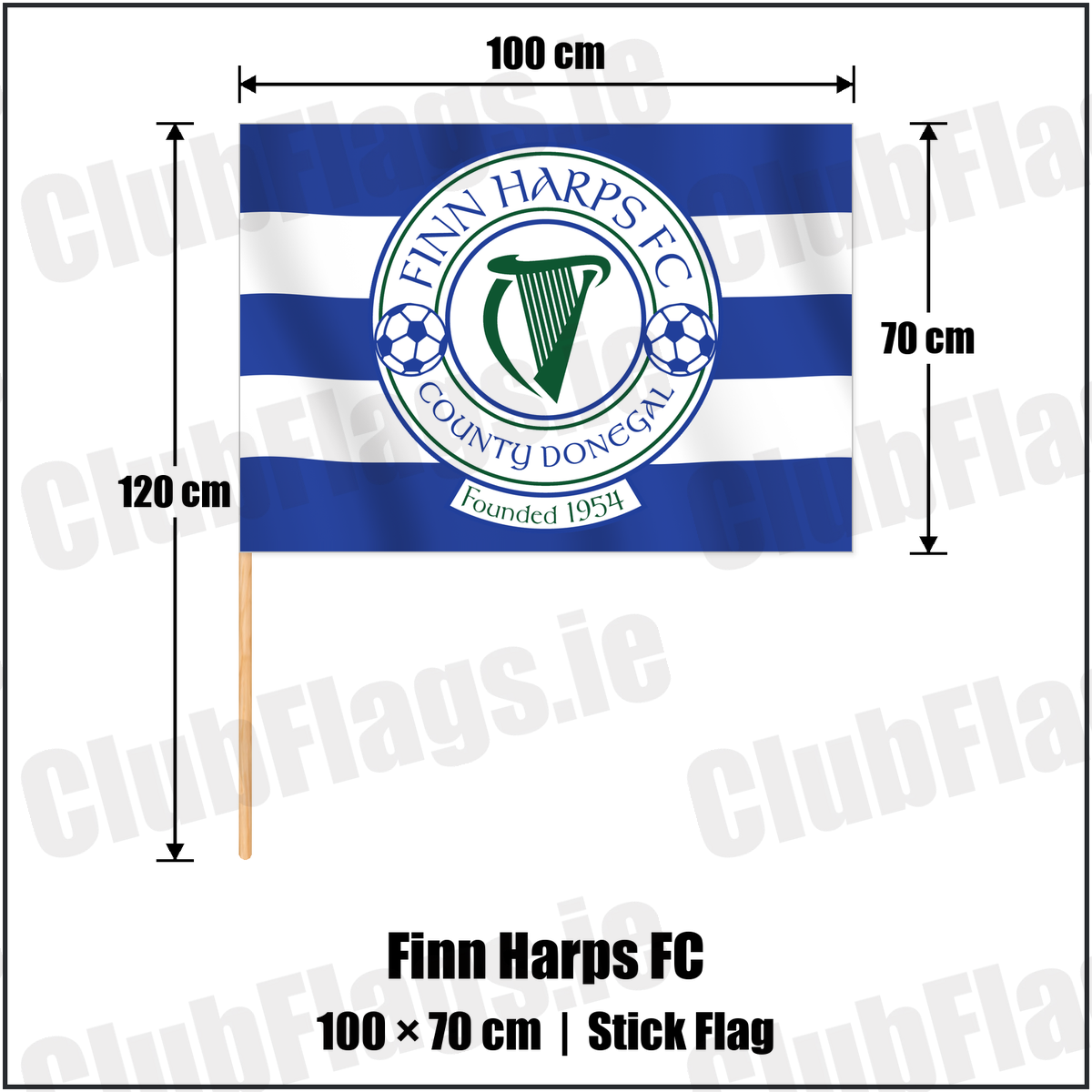Finn Harps FC 70cm x 100cm Stick Flag with the club crest and colours, Donegal Football - ClubFlags.ie