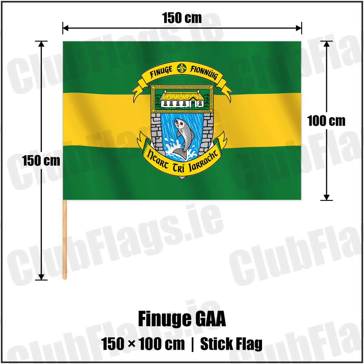 Finuge GAA 100cm x 150cm Stick Flag with the club crest and colours, Kerry GAA - ClubFlags.ie